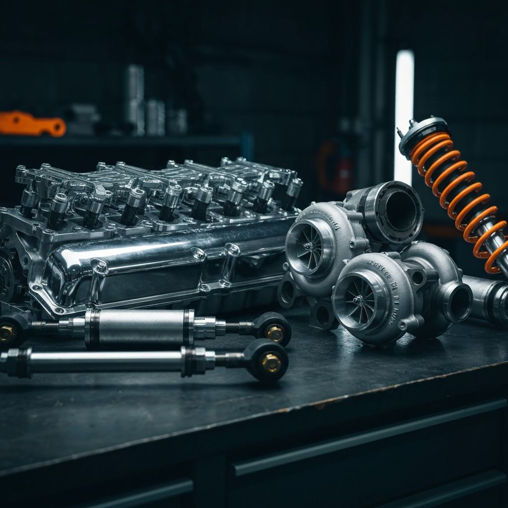 High-performance engine parts displayed in professional automotive setting