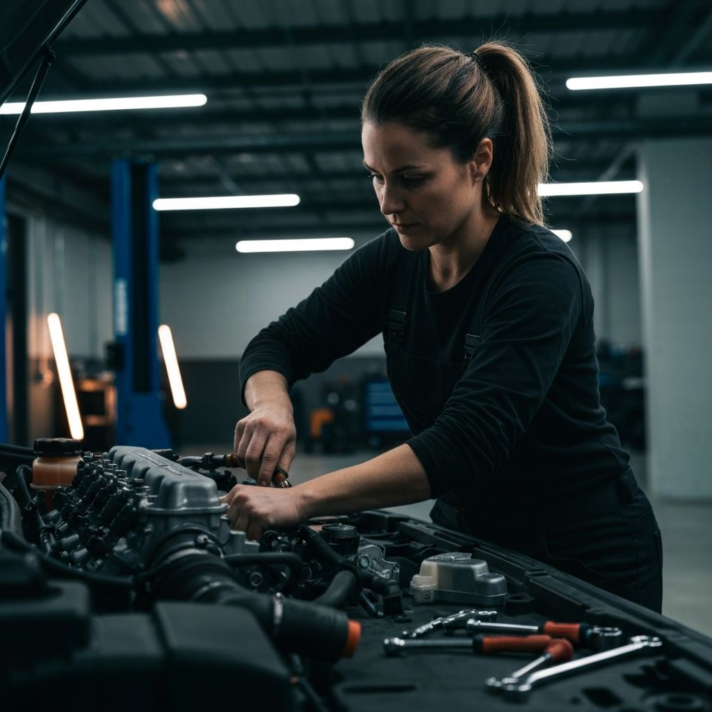 Expert mechanic performing engine repairs in professional workshop